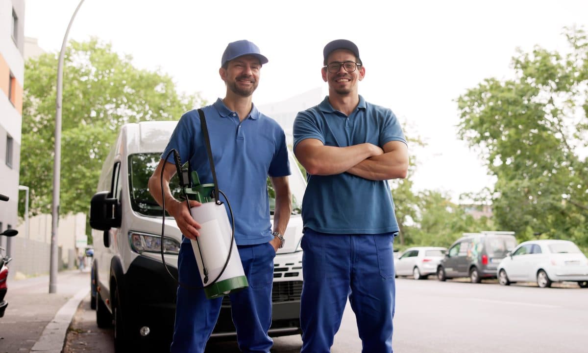 Two smiling pest control technicians beside their van
